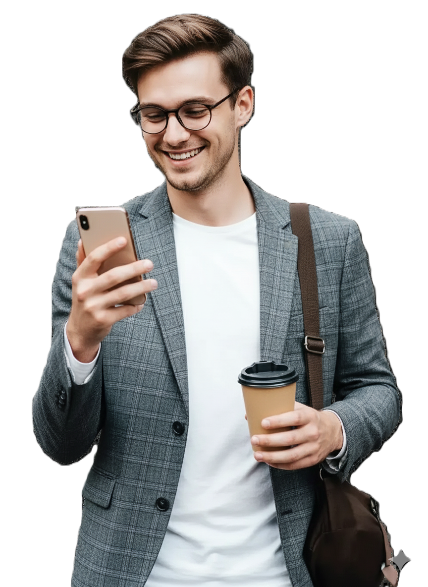 A young man using his mobile to sign up with Traditi - a global online trading broker